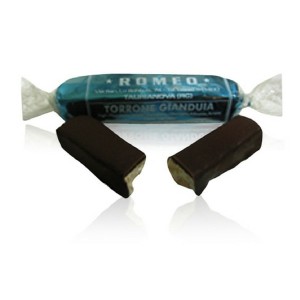 Torrone Gianduja, a traditional crunchy nougat dipped in dark chocolate.